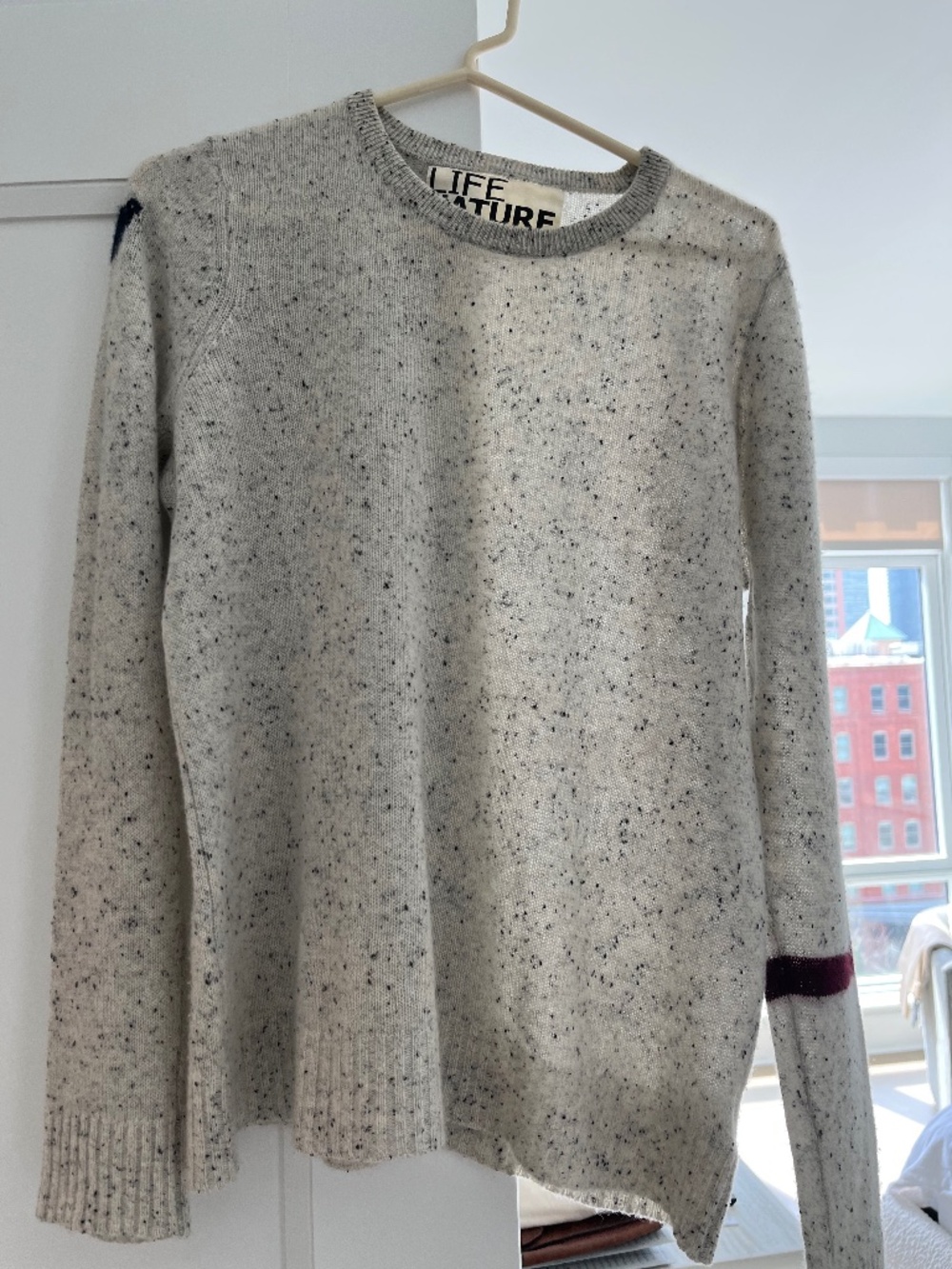 freecity Speckled Grey Crewneck Sweater with Burgundy Accent